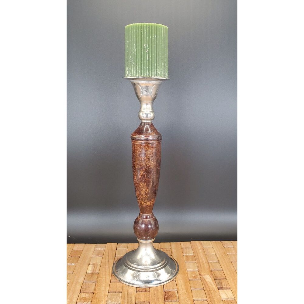 12" Metal & Wood Style Candlestick Holder Rustic Vintage Look Home Decor